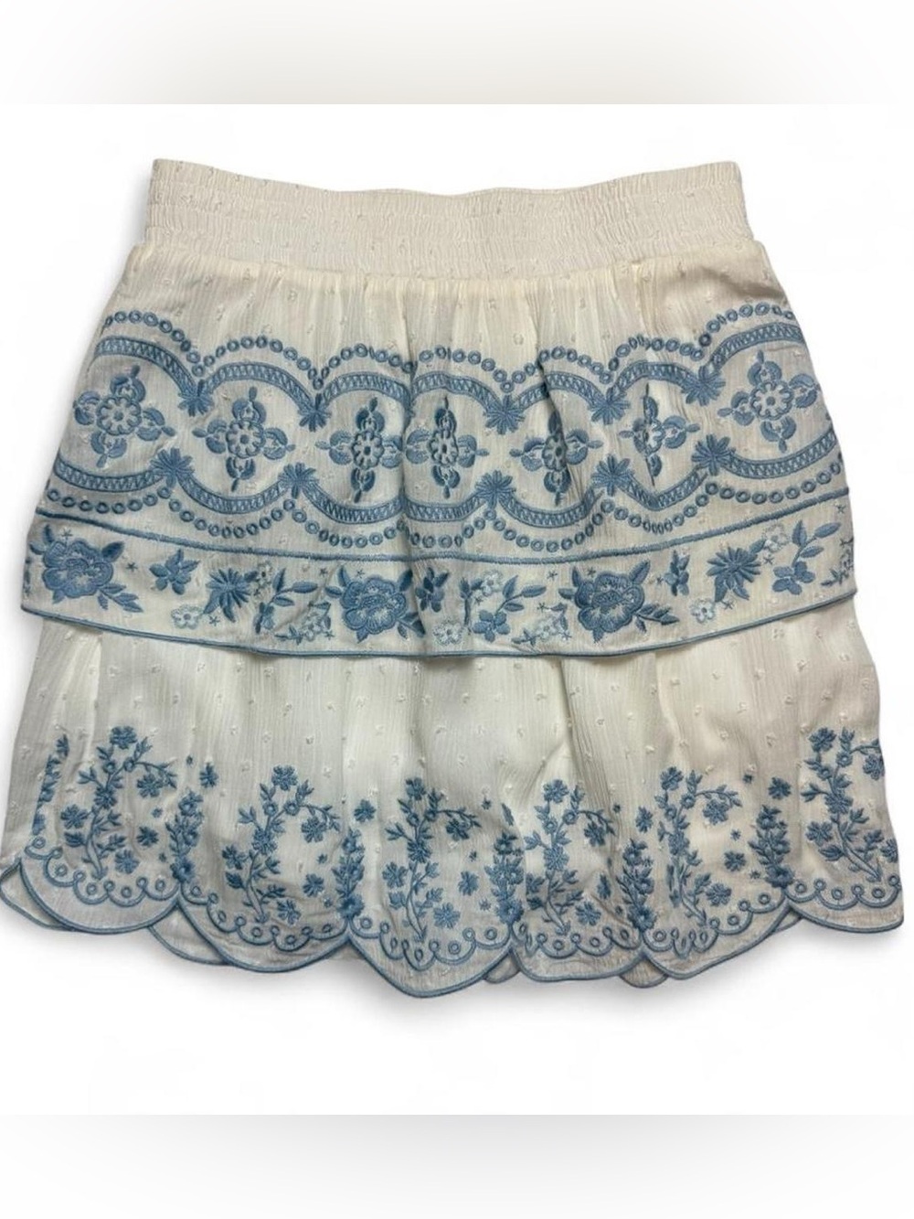 Savanna Jane Embroidered Boho Mini Skirt White Blue Scallop Hem Size M